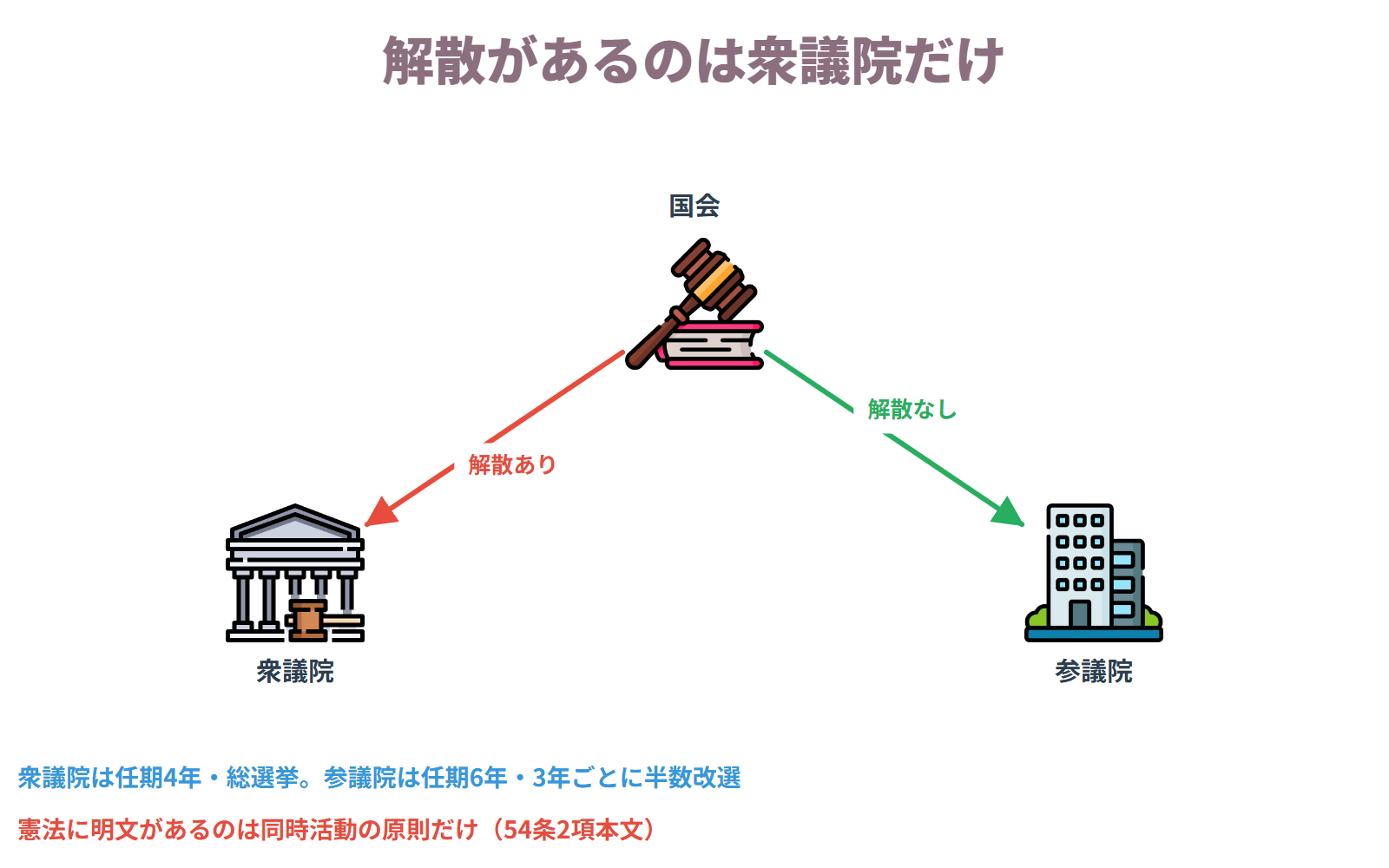 衆議院は任期4年で解散があり、参議院は任期6年で解散がなく3年ごとに半数を改選する